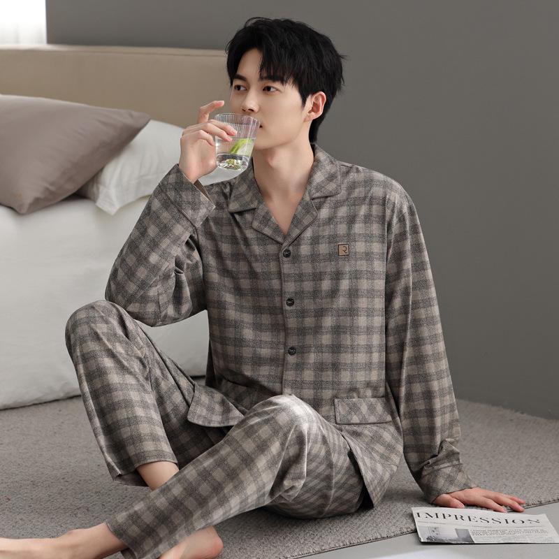 

Мужской клетчатый пижамный комплект большого размера - Хлопковый кардиган с длинным рукавом и брюки для весны/осени 2XL