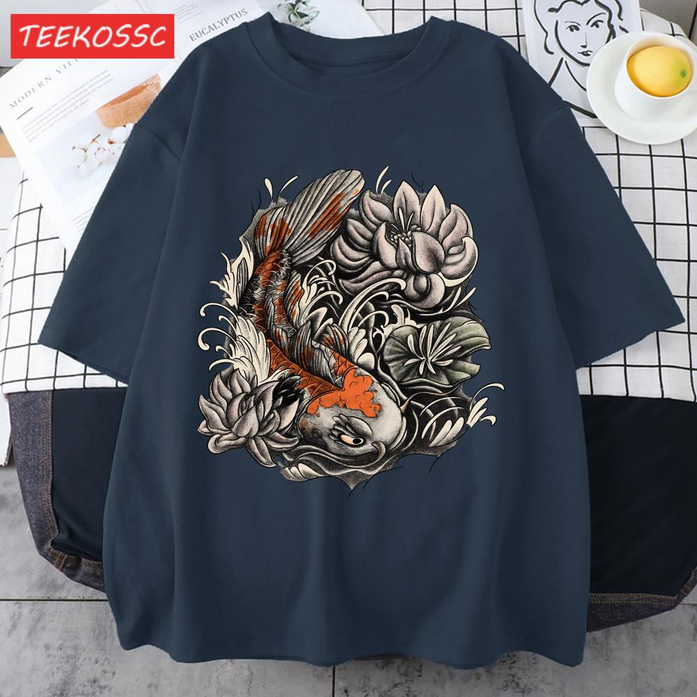 Japanese Harajuku Lotus Koi Print Men T Shirts AllMatch Cotton TShirt Casual Crewneck Loose Streetwear Man Summer Basics Top