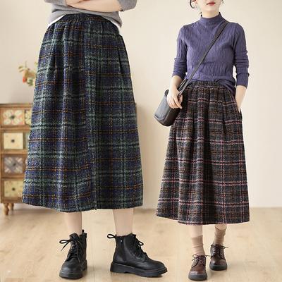 Autumn and Winter Wool Skirt Temperament Plaid Wool Long Skirt Slim A-line Skirt