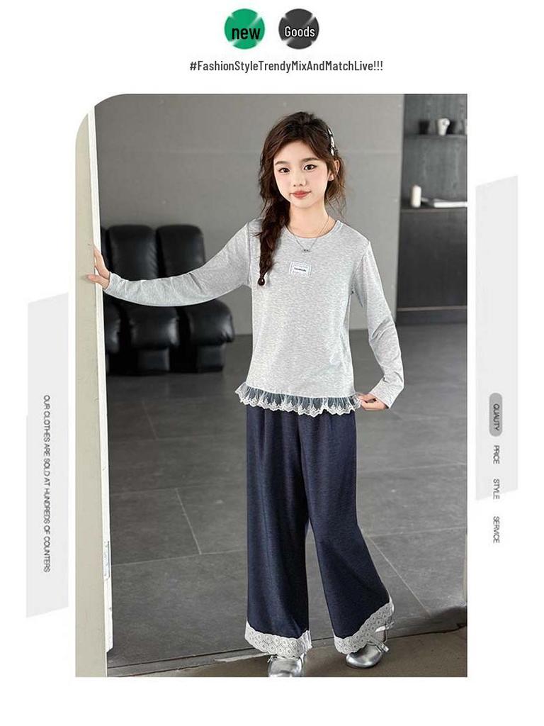 2025 Girls' Spring & Autumn Korean-Style Lace Fashion Three-Piece Set