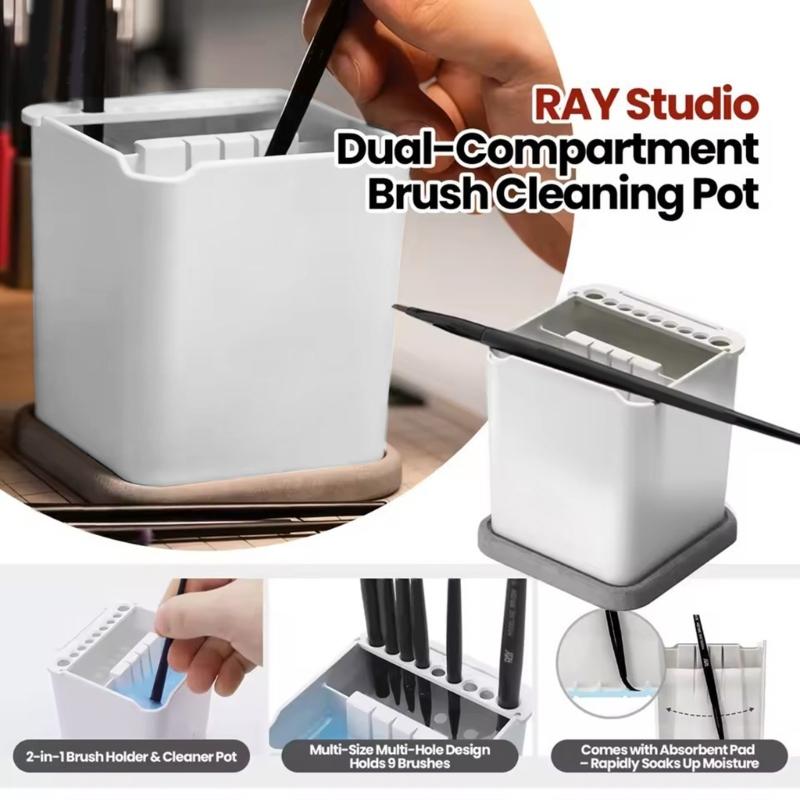 2 in 1 Modeling Brush Holders and Cleaner with Double Compartments Absorbent Pad for DIY and Hobbies Painting Enthusiasts