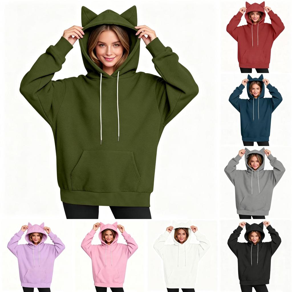 Damen Hoodie mit langen Ärmeln und Ohren-Design Gemütlicher Pullover