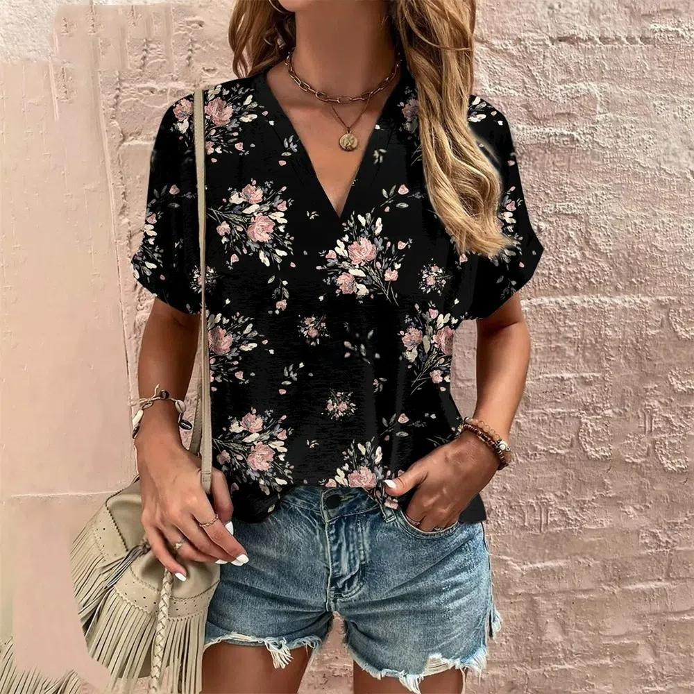S-8XL Plus Size Crushed Flower Casual T Shirts Streetwear Casual Women's Short Sleeve Tops Tees V Neck T-shirt Fashion Clothing