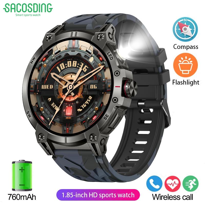 SACOSDING New Smart Watch Men Outdoor Sports LED Flashlight Copmpass Bluetooth Call AI Voice Health Monitoring Fitness Track Smartwatch