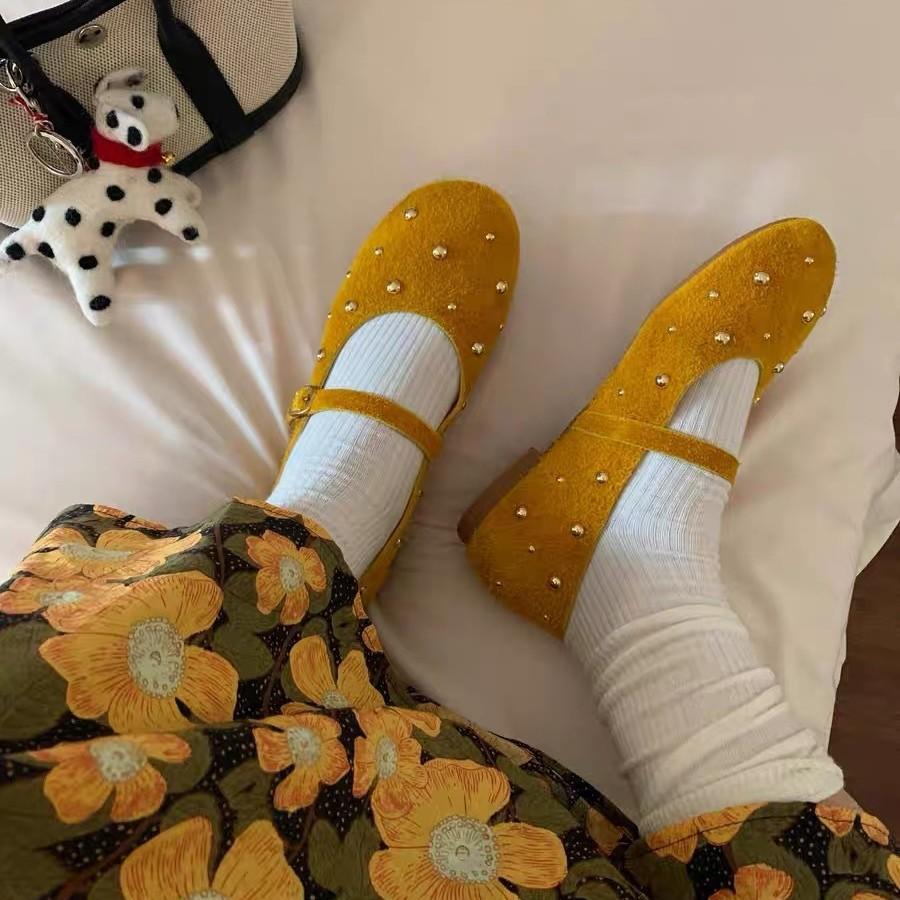

Summer new matte round head rivets shallow mouth Mary Jane shoes women s word with ballet flat shoes 40 жёлтый