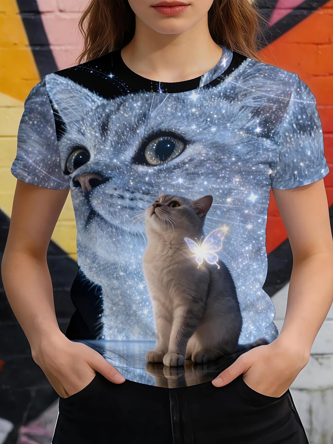 

[Print Design- No Texture] Starry Cats SpringSummer Trendy New Digital Print Casual Crew Neck T-shirt. Featuring a Fashionable Crew Neck and Short Sle S дубильна кора