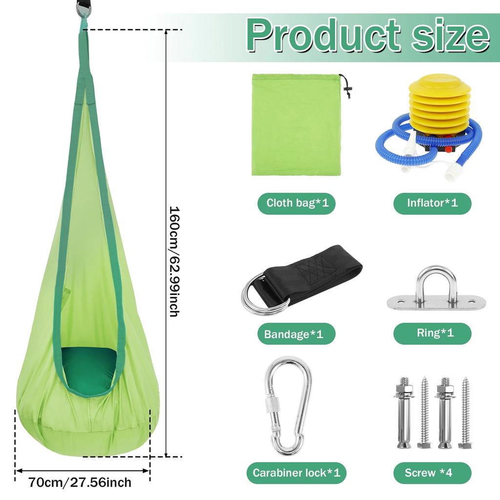 Kids Pod Swing Seat Nylon Hanging Chair with Inflatable Cushion Portable Children Sensory Swing Set for Indoor Outdoor Use Kids