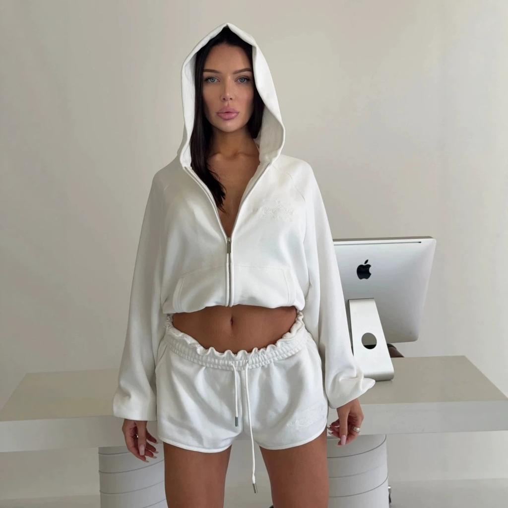 Hooded zipper short sweater set women, contrasting color hemming high waist sports shorts two-piece set