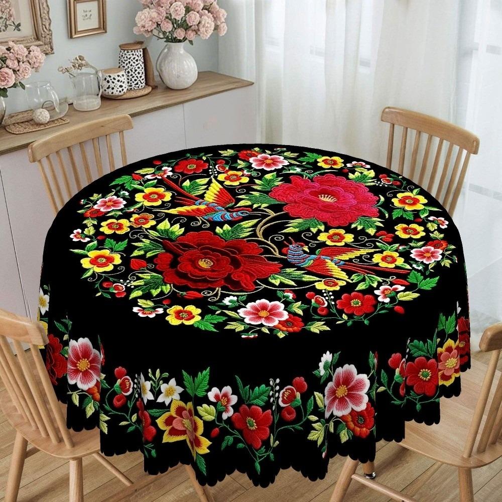 

Mexican-style Colored Floral Tablecloth Round Rectangular Black Background Placemats with Scalloped Edge