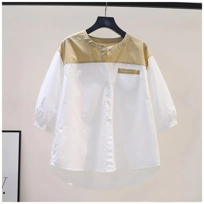 

Round Neck Pure Cotton Shirt Women Summer New Fashion Design Color Matching Mid-sleeve Versatile Casual Top S білий