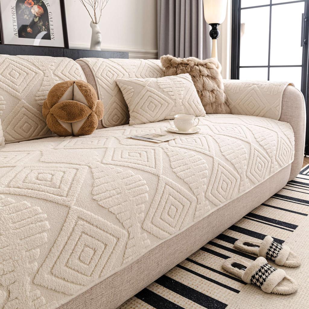 New Fixed Anti Slip Sofa Cover Fabric One-Piece Straight Row Seat Cushion Cream Wind Thickened Autumn And Winter Version