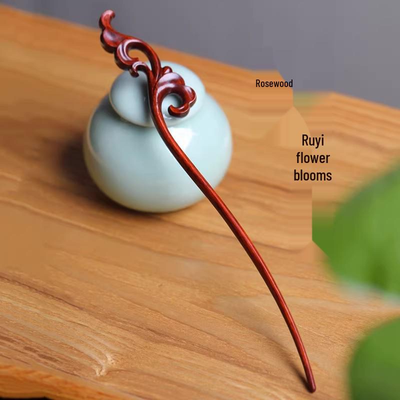 Red Sandalwood Women's Retro Hanfu Hairpins: Hollow Carved Moon Rabbit Wooden Ornaments