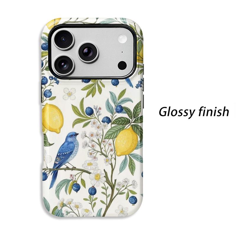 Botanical Blue Bird Lemon Blueberry Floral Art Film Aesthetic Protective Shockproof Bumper Phone Case Cover For iPhone 14 15 16 17 Pro Max Plus