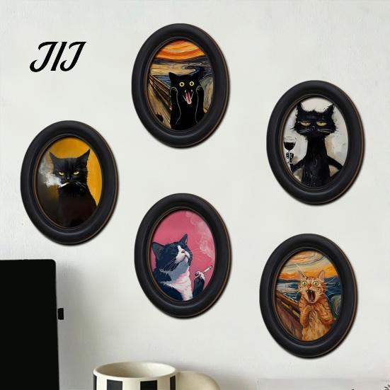 Decorative Wall Accents for Living Room Abstract Art Cat Decor, Oval 2D Wood Framed Funny Painting Unique Prints Print, Vintage Ornament Bedroom Home