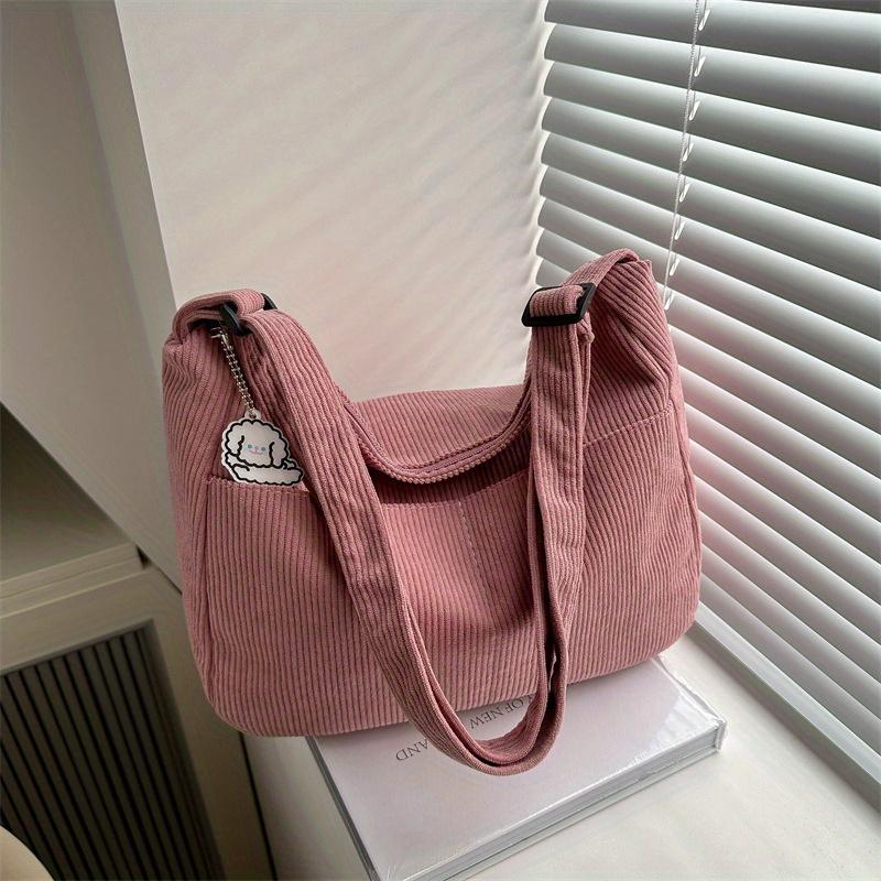 1pc Fashion Corduroy Shoulder Bag for Women, Large Capacity with Zipper Closure, Casual Crossbody Bag with Polyester Lining, Versatile for Daily Use