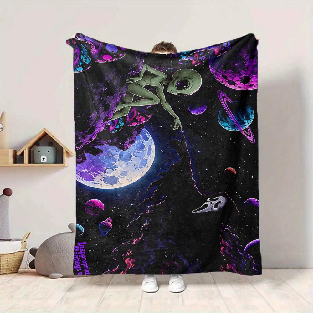1Pc Alien Cosmic Garden Flannel Blanket, Soft And Comfortable, Casual Warm, Camping Travel, Christmas, Halloween Xmas Gift S1390