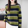 Women's Retro Striped Wool Base Layer Sweater - Loose Fit, Round Neck Knit with Long Sleeves