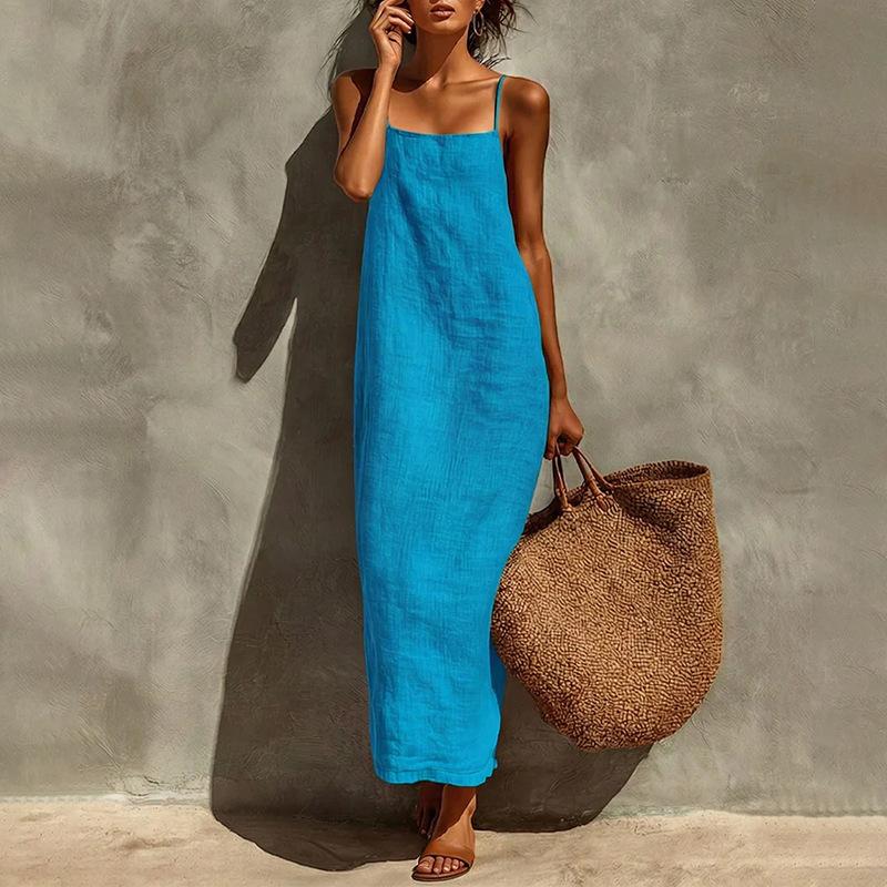 New summer clothing, European and American women's clothing, casual vacation style solid color suspender dress, long dress for women