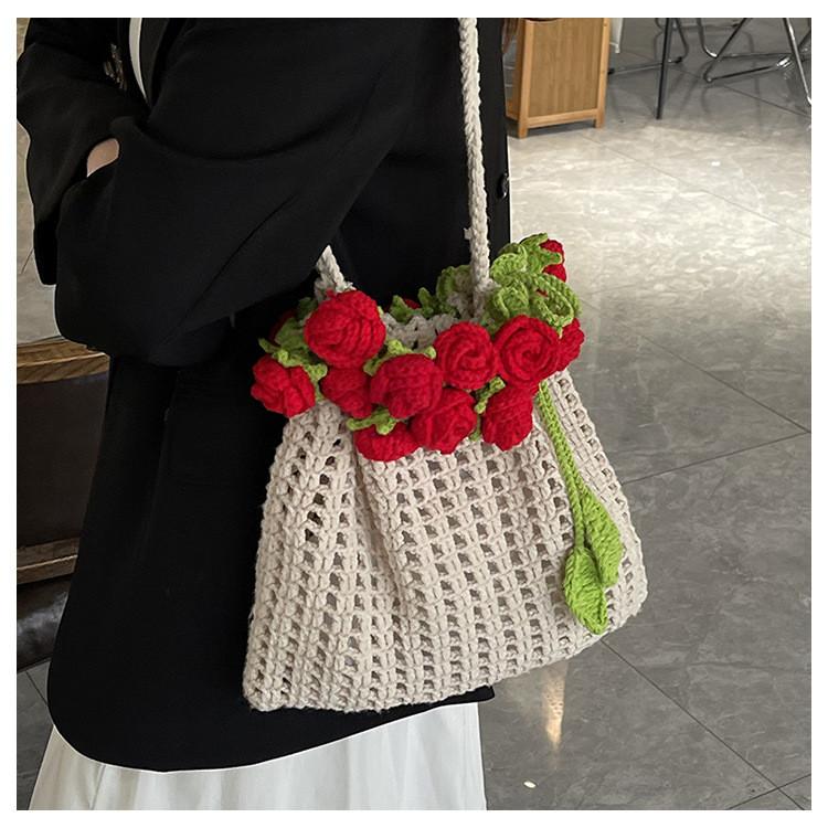 Knitted Rose Flower Bucket Bag With Drawstring Closure For Casual Daily Use