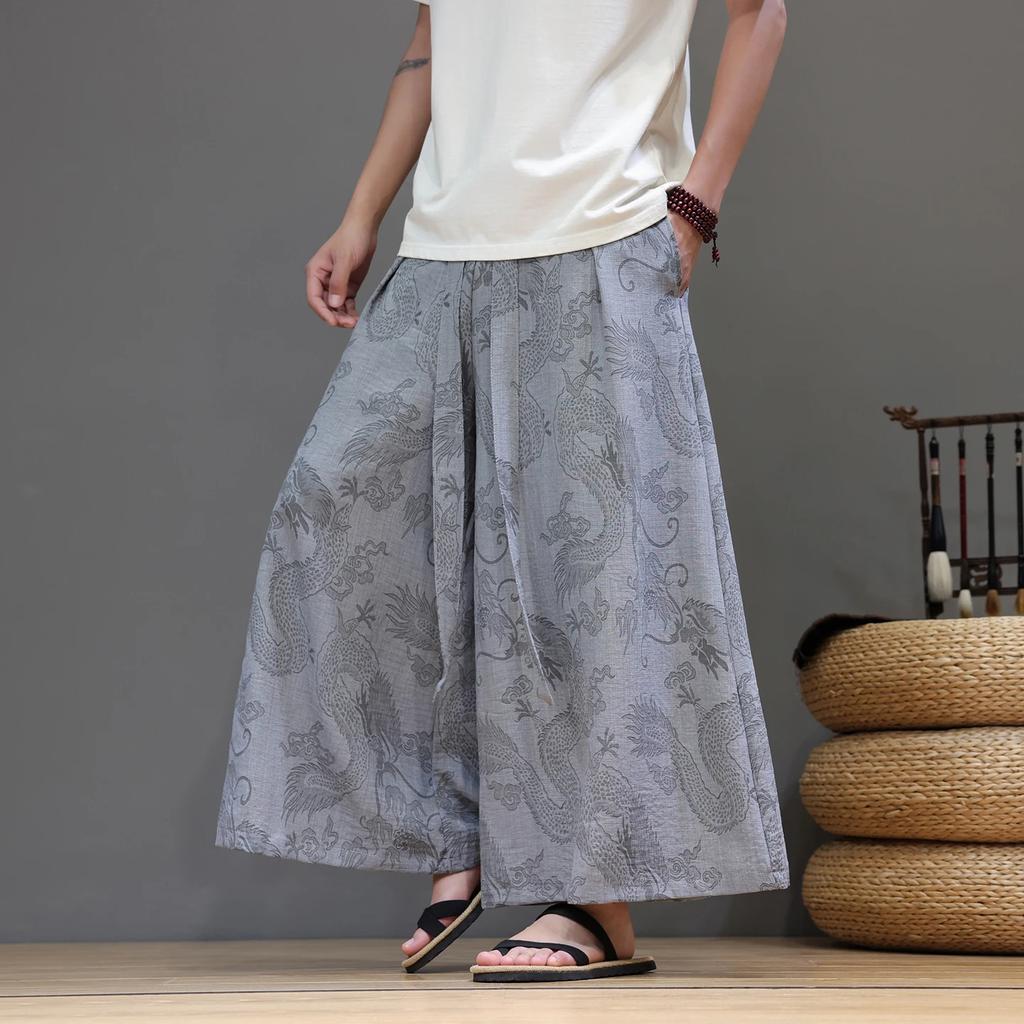 2026 New Chinese Style Dragon Pattern Ice Silk Bottoms Traditional Chinese Ethnic Wide Leg Pants Man Harajuku Oversized Trousers