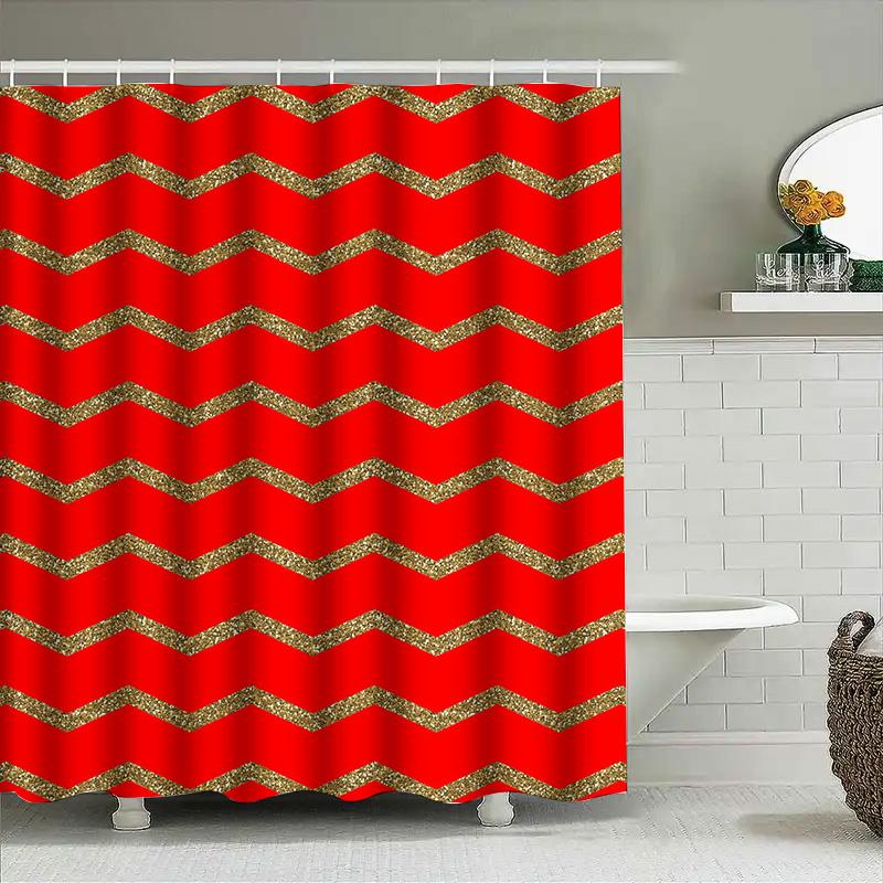 Gold Glitter Chevron Shower Curtain Red Modern Bathroom Decor Washable Fabric For Bathtub Privacy Size 69X70 (175Cm X 180Cm)