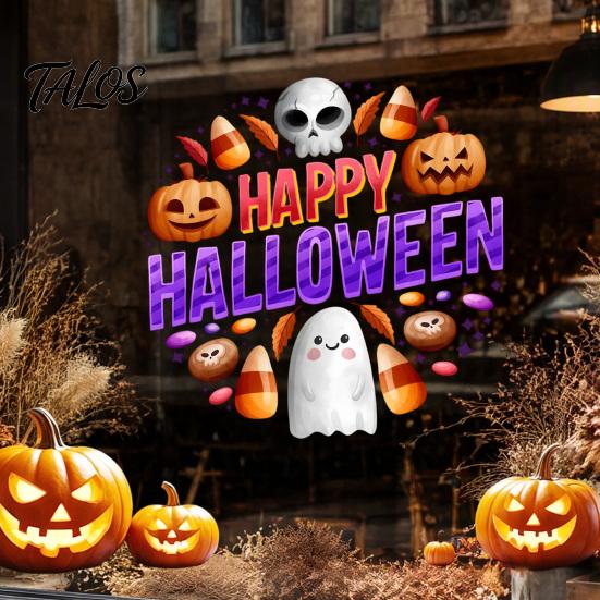 Bathroom Glass Window Dressing Halloween Clings, Cute Ghost Pumpkin Skull Happy Sticker, Reusable Decorative Holiday Film Double Sided Static