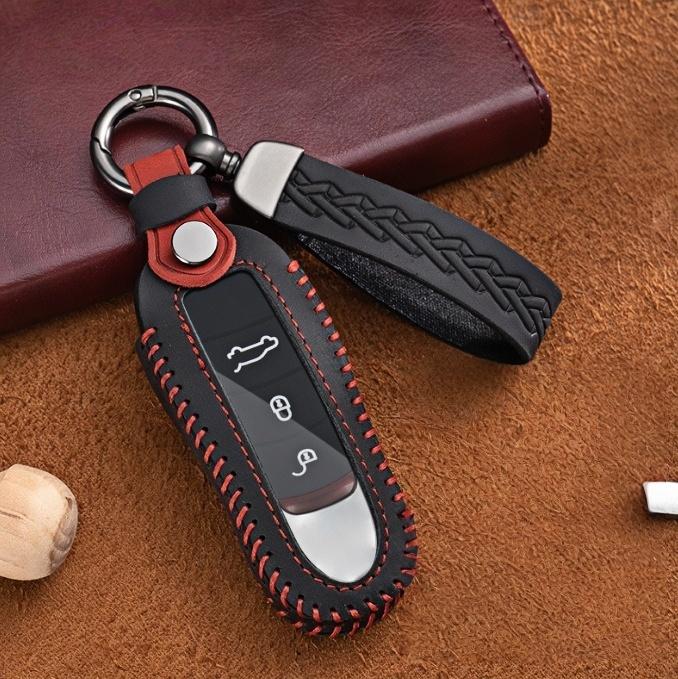 

Handmade Genuine Leather Car Fob Key Case Holder Cover Smart Remote Protector Shell For Porsche Cayenne Panamera Macan 911 718 A style чорний