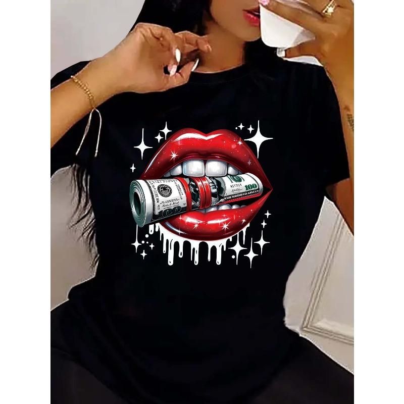 

Red Lips USD Fun Printed T-shirt Casual Short Sleeve Round Neck Top Fashionable Loose Fashion Harajuku Women s Plus Size Top 3XL