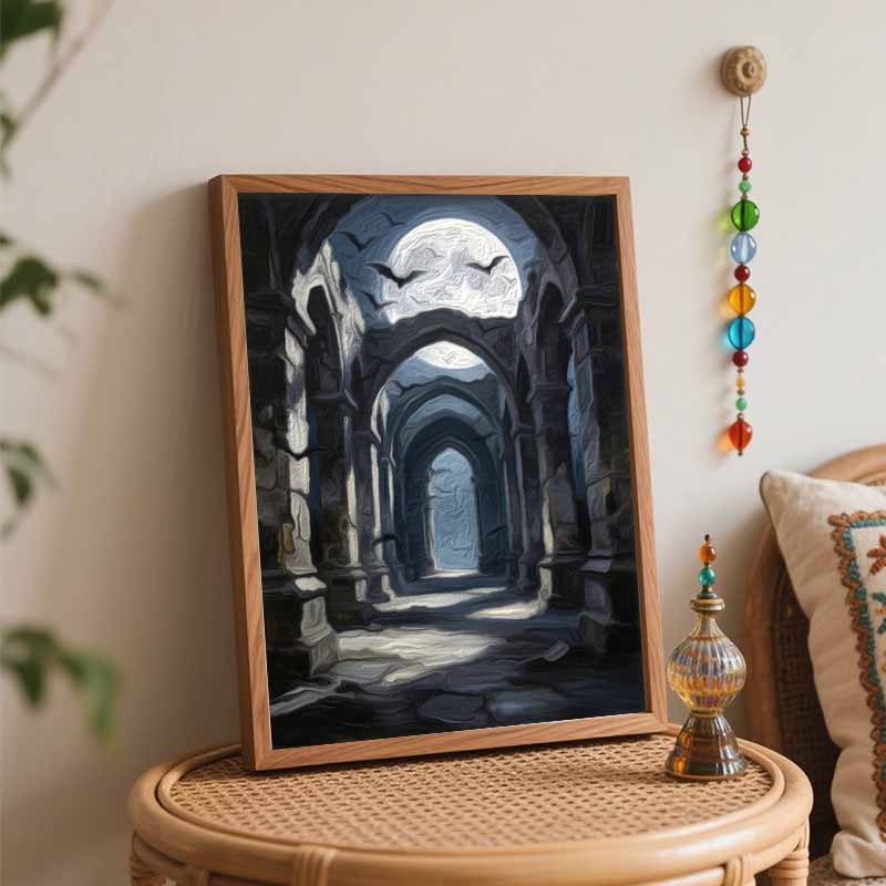 Halloween Full Moon Bats Gothic Castle Ruins Digital Oil Painting Coloring Painting Hand Painting Home Decoration