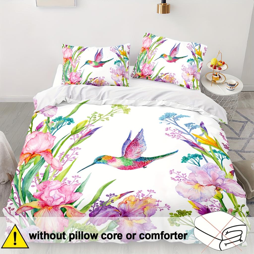 2/3Pcs Soft And Comfortable Floral Duvet Cover Set Fresh Floral Pattern, Floral Pattern Bed Set, Bird Print Duvet Cover