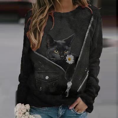 Kadın Kapşonlu Sevimli Kedi Köpek Baskılı Sweatshirtler Uzun Kollu Moda O Yaka Kapşonlular Kadın Rahat Üstler