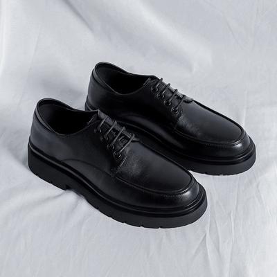 Zapatos Negros Pequeños de Cuero para Hombre Vestido Formal Primavera y Otoño Tacón Grueso Plataforma Mocasines Británicos con Cordones 5797-R