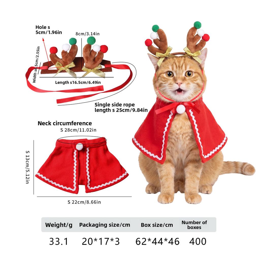 Christmas Pet Antlers Cape Set Cats and Dogs Holiday Dress Up Antlers Headband Cape Pet Dress Up