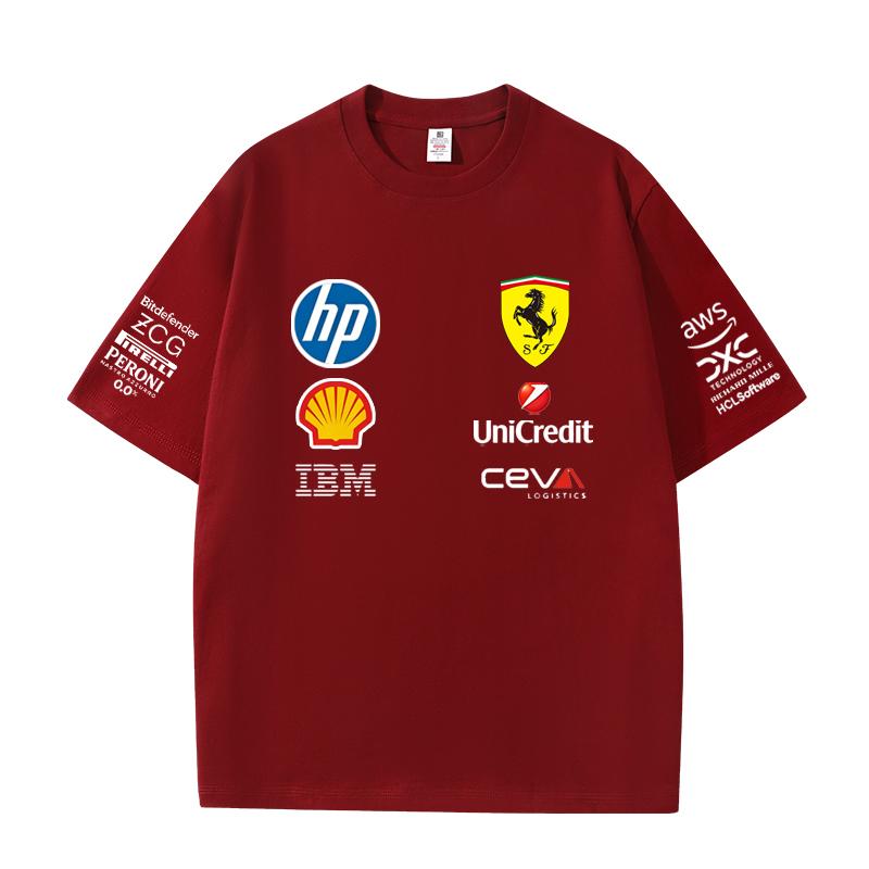 Herren und Damen Oversize Ferrari F1 Renn T-Shirt Klassischer Sponsoren Logo Druck Kurzarm Motorsport Lässig Streetwear Tee