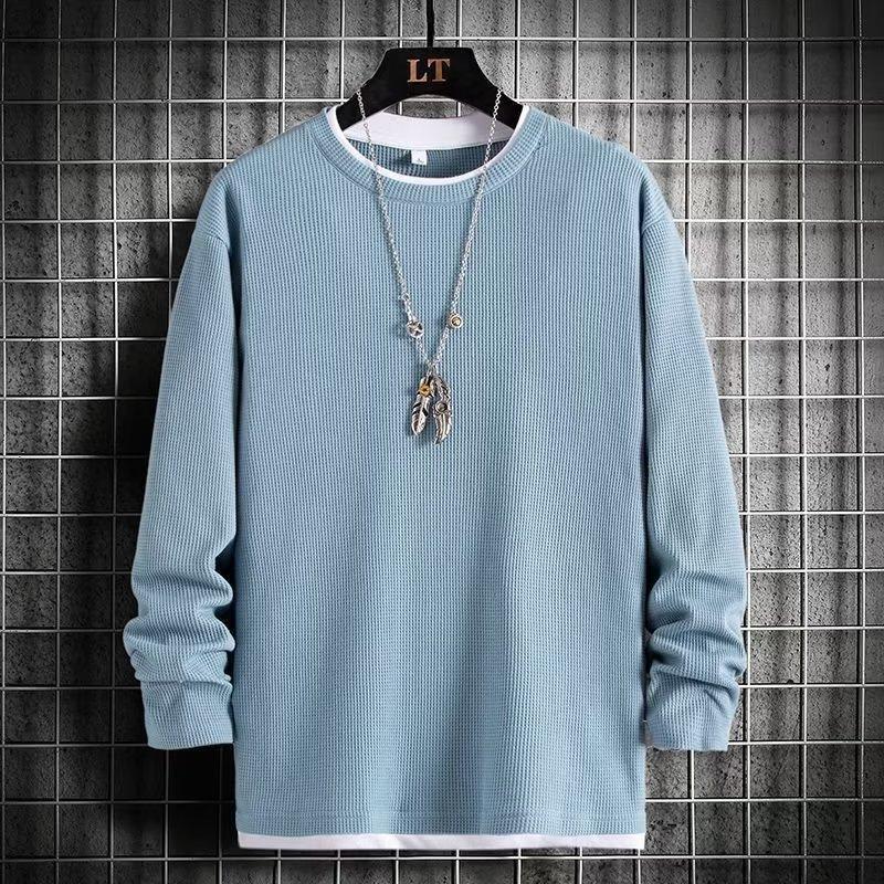 Sweater Men's Waffle Fake Two Long-sleeved Spring and Autumn Loose Top, Wearing a Bottoming Shirt Outside and a New Casual T-shirt Inside.