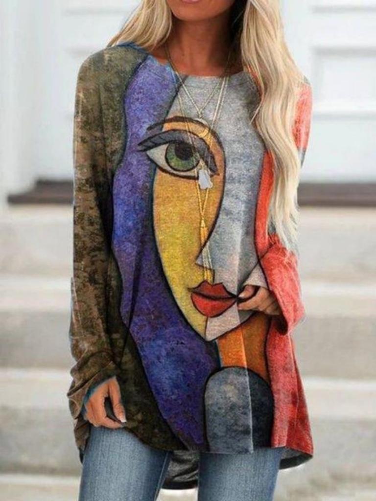 Übergröße Damen Frühling Gesicht bedruckt Bequem Langarm Rundhals T-Shirt Lässig Weit Mittelang Tops