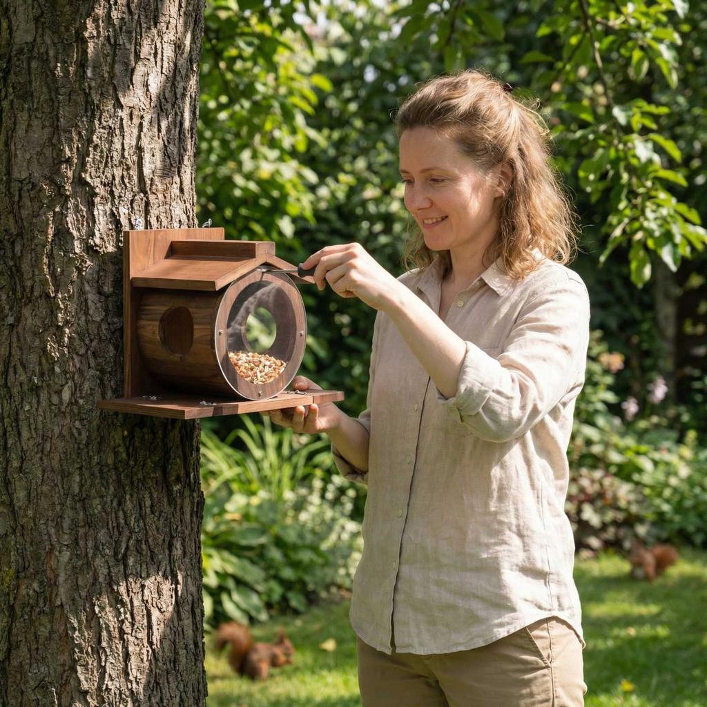 Karmnik dla wiewiórek z okrągłym, przezroczystym oknem.  Solidna Stacja Karmienia Wiewiórek Do Użytku Zewnętrznego, Z Otworami Wentylacyjnymi I Opcjami Montażu Dla
