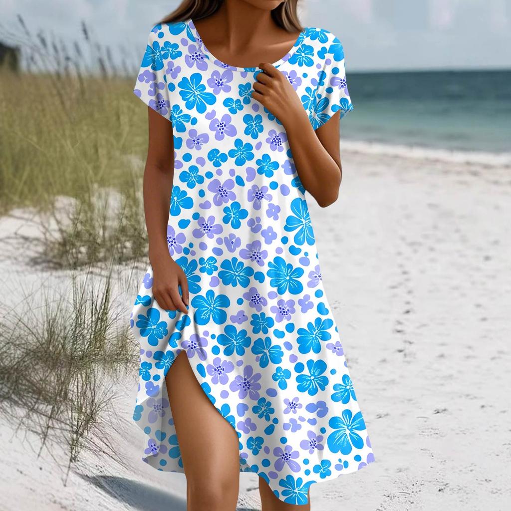 Women's Summer Short Sleeve Round Neck Floral Print Bohemian Dress With Pockets