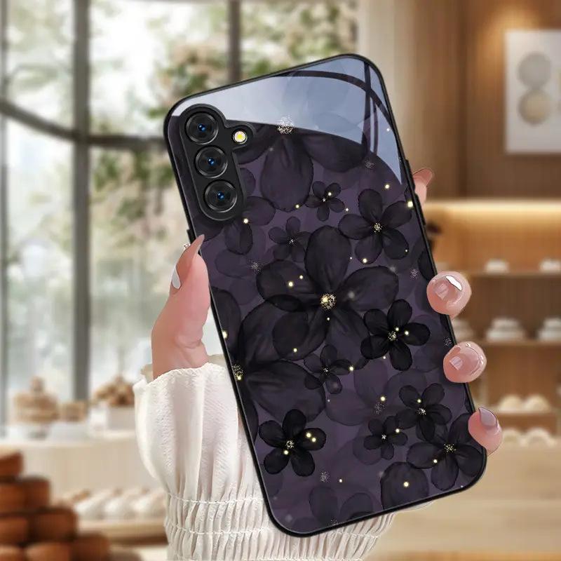 Premium Black Yarn Flower Samsung S24 Extreme Edition Glass Case Galaxy S23plus Phone Case Case