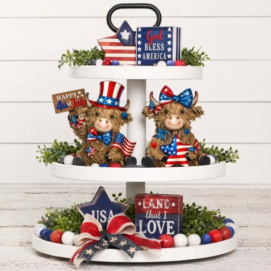 Stars And Stripes Cow Decor 2 Pcs 4th of July Patriotic Highland Figurines, Wooden Independence Day Red USA Themed Home Decoration White Blue