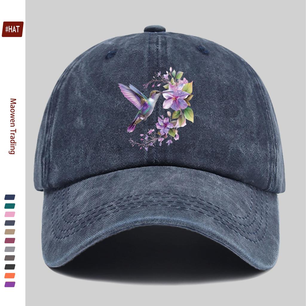 Pc Purple Floral and Hummingbird Print Baseball Cap with Bird Element Design Sun Hat Casual Decorative Hat Multiple Colors A