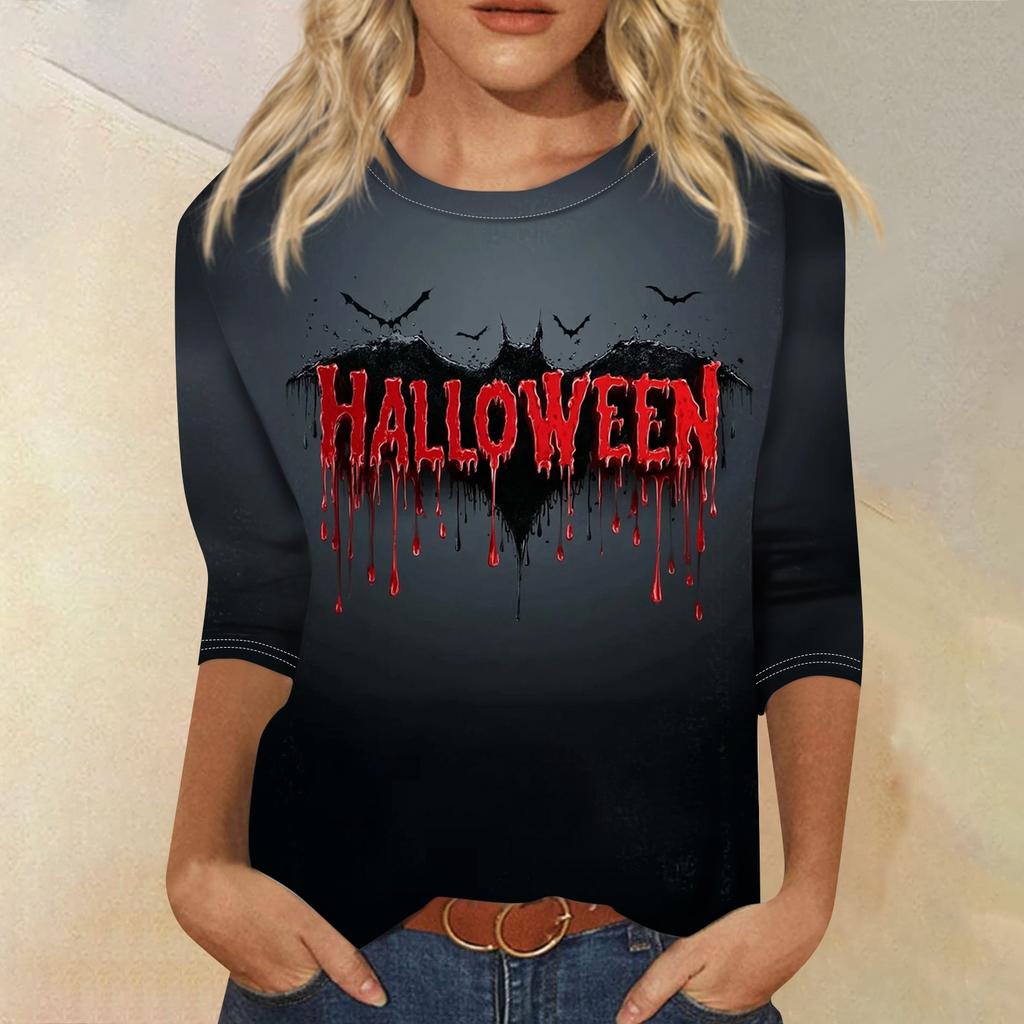 Dámské módní ležérní top s tříčtvrtečním rukávem a halloweenským potiskem, kulatý výstřih