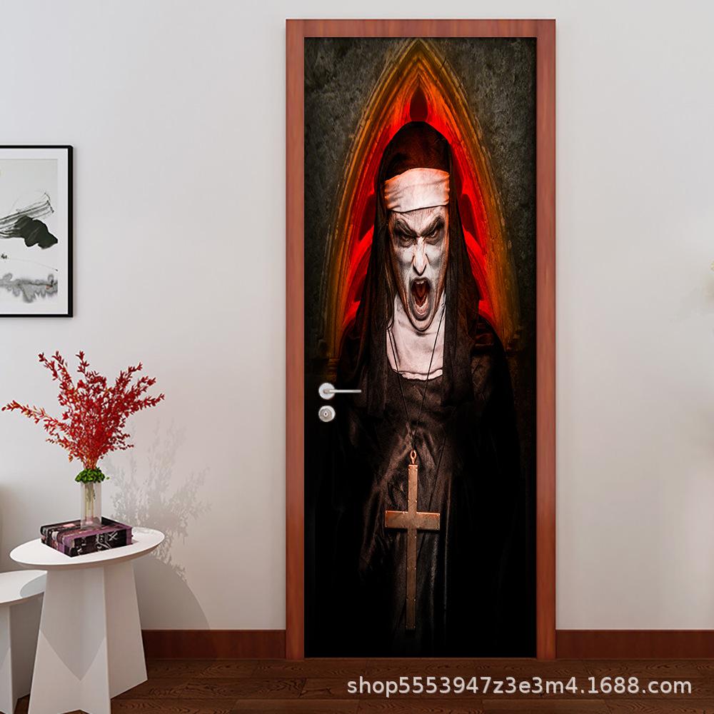 Halloween Horror Nun Thriller Door Stickers Removable Vinilos Para Puertas Adhesive Wallpaper Art Murals for Doors Bibliotheque Modern Home Decor