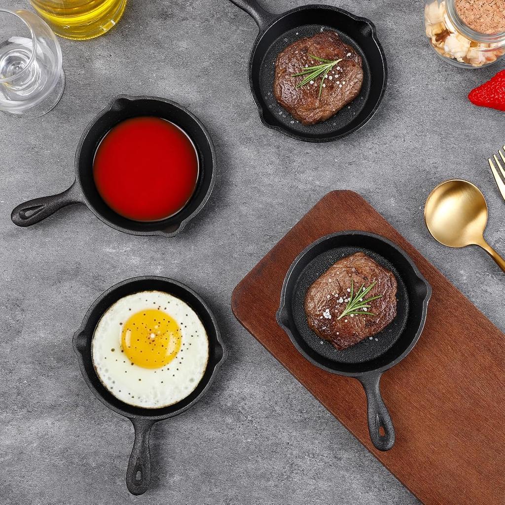 4 Pack Mini Cast Iron Skillets, 4 Inch Small Frying Pan with Double Drip-Spouts, Black Cast Iron Skillet with Handle, Nonstick Frying Pans for Indoor