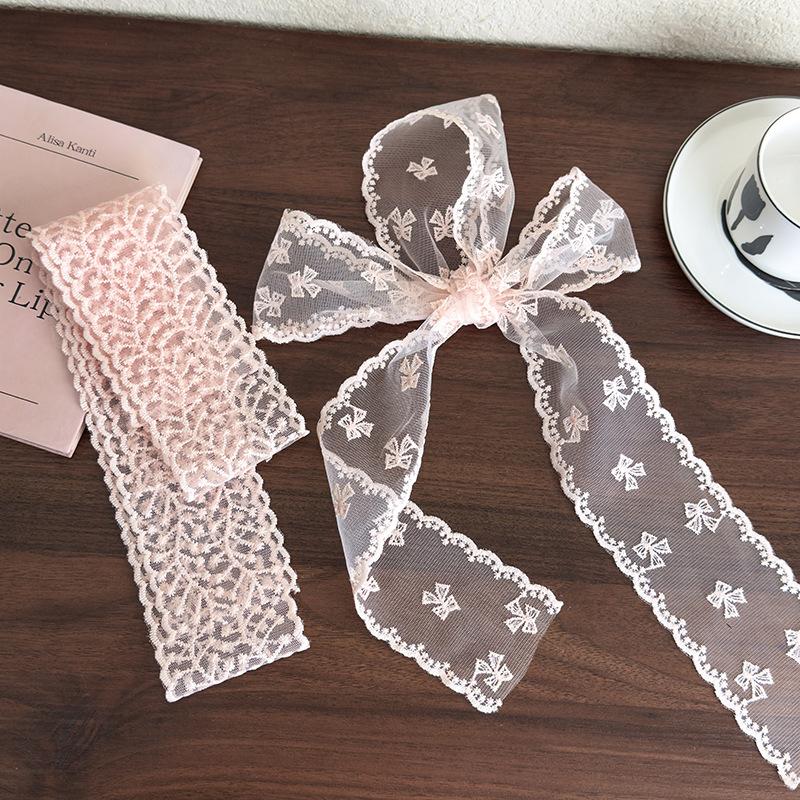 Pink Lace Flowers Long Strip Silk Scarf Headbands Bow Hair Rope Womans Girls Sweet Tie Hair Turban Ribbon Lady Headdress Fashion