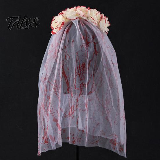 Tiara Cabeça de Rosa Talos, Véu Manchadode Sangue para Noiva Zumbi de Halloween, Aro de Cabelo de Malha Respirável com Design de Peça Única para Cosplay Temático de Casa Assombrada