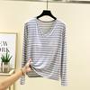 V-neck Modal With Chest Pad T-shirt Women's Spring Inner wear Long sleeve Stripe Bottoming Shirt Thin Casual Plus size Loose Top