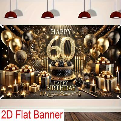 2D Flat Banner, 1 Piece, 60th Birthday Party Banner - Black and Gold Theme Polyester Banner