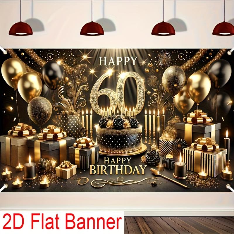 2D Flat Banner, 1 Piece, 60th Birthday Party Banner - Black and Gold Theme Polyester Banner
