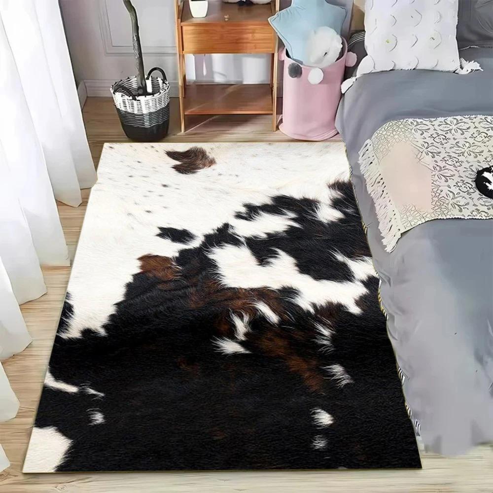 Faux Cowhide Pattern Area Rug Natural Texture Home Decor Living Room Bedroom Floor Carpet Retro Rustic Style Multiple Designs
